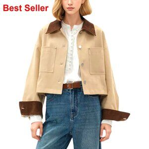 Cropped Barn Jacket Retro Utility Coat Button Front Casual Chic Outwear